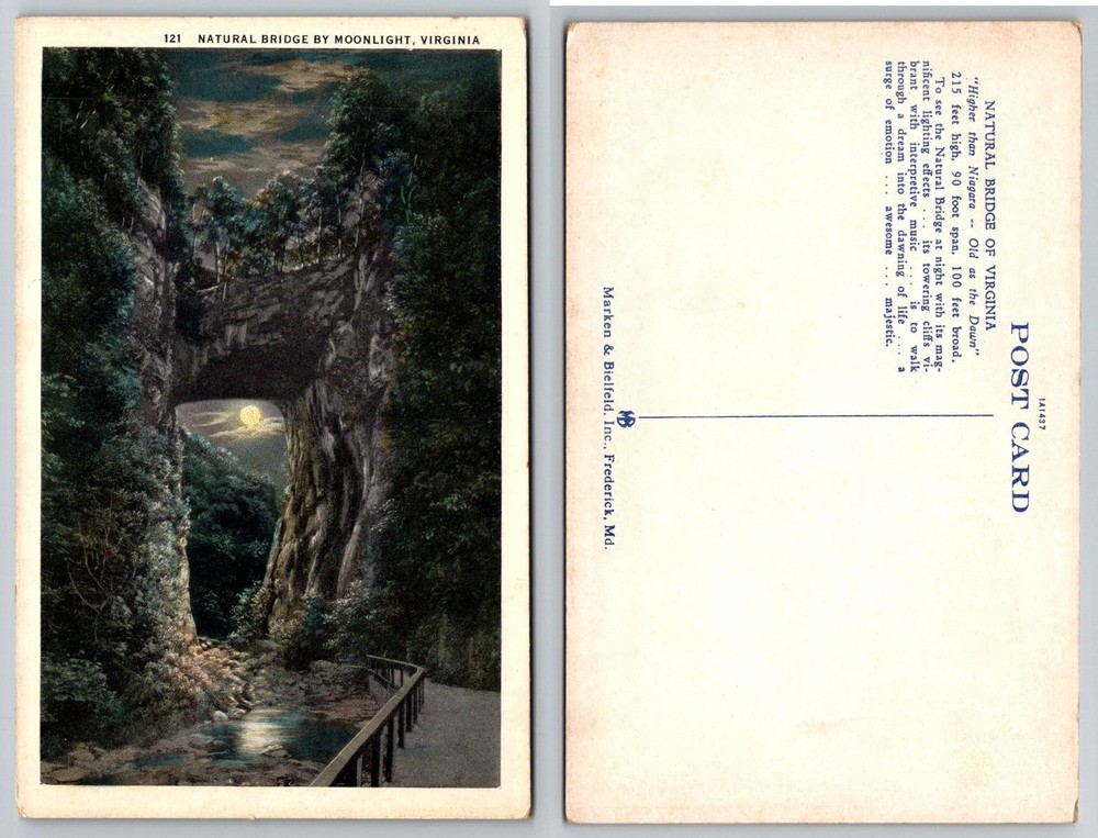 Vintage Linen Postcard Natural Bridge Virginia Moonlight Night Scenic View