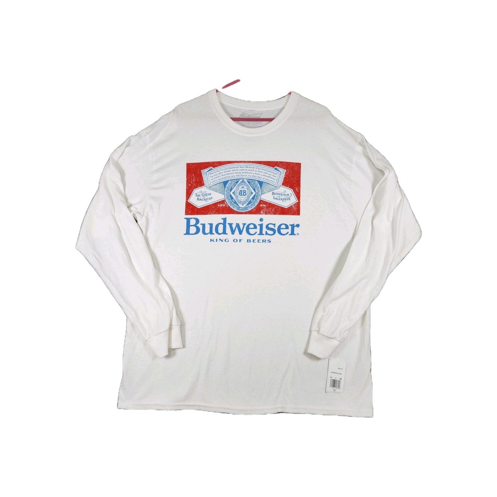 Budweiser Long Sleeve White T-shirt Size XL Classic Red & Blue Logo Graphic NWT