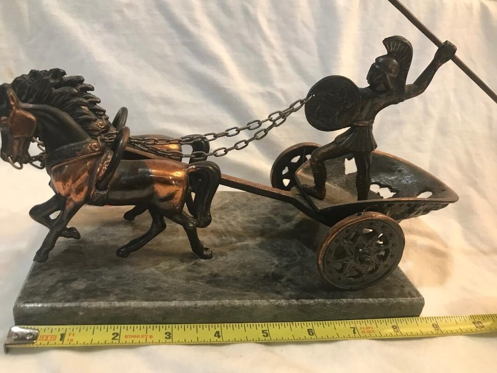 Vintage Achilles Bronze Sculpture Chariot Gladiator on Marble - Made In Greece-image
