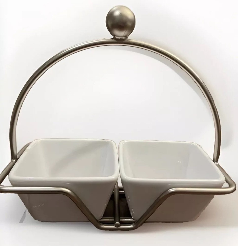 Pampered Chef SIMPLE ADDITIONS, 2 Small White Square Condiment Bowls w/Caddy