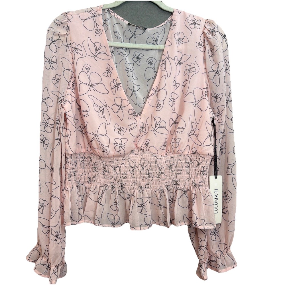 LULUMARI by Anthropologie Women’s XLBlouse Top Pink Peplum Butterfly