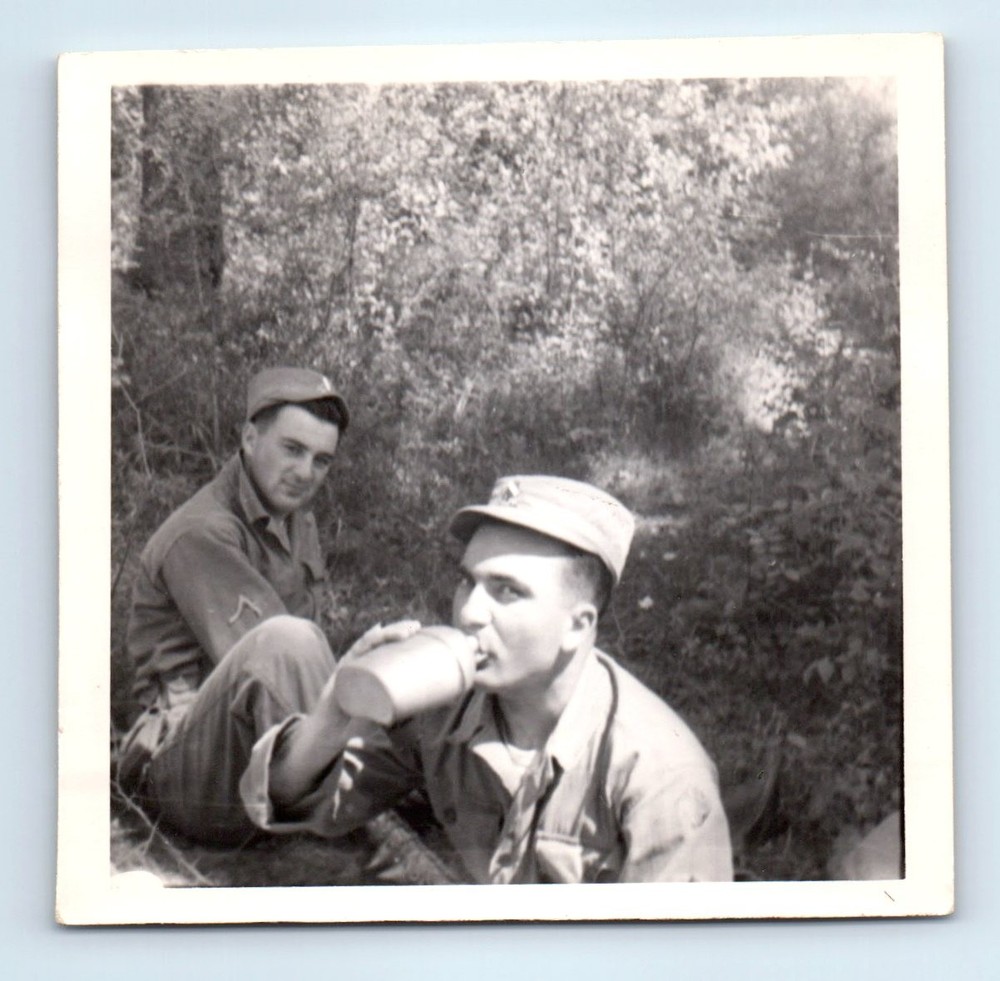 Old Vintage Square Photo PAIR ARMY MEN SOLDIERS FIELD DRINKING FROM CANTEEN