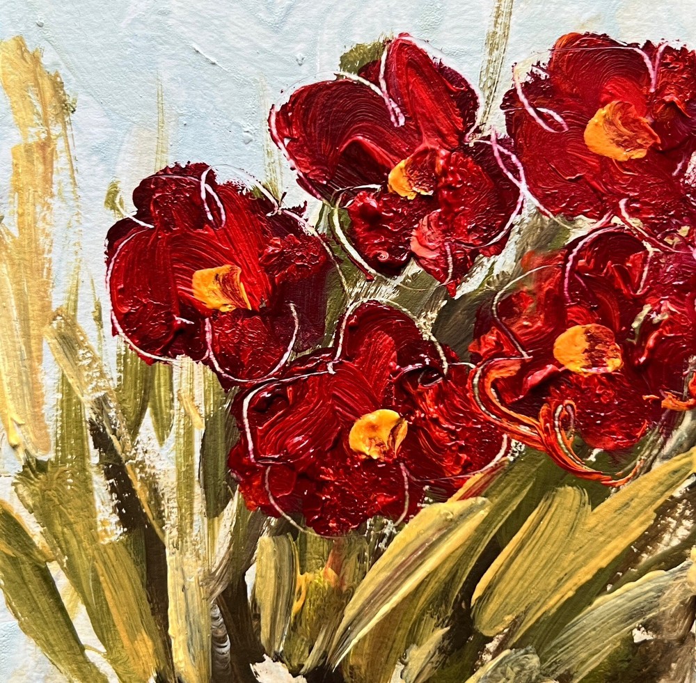 Red Impressionist Floral Original Miniature Painting Signed Artwork