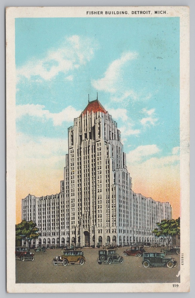 State View~Detroit Michigan~Fisher Building~Cars in Street~Vintage Postcard