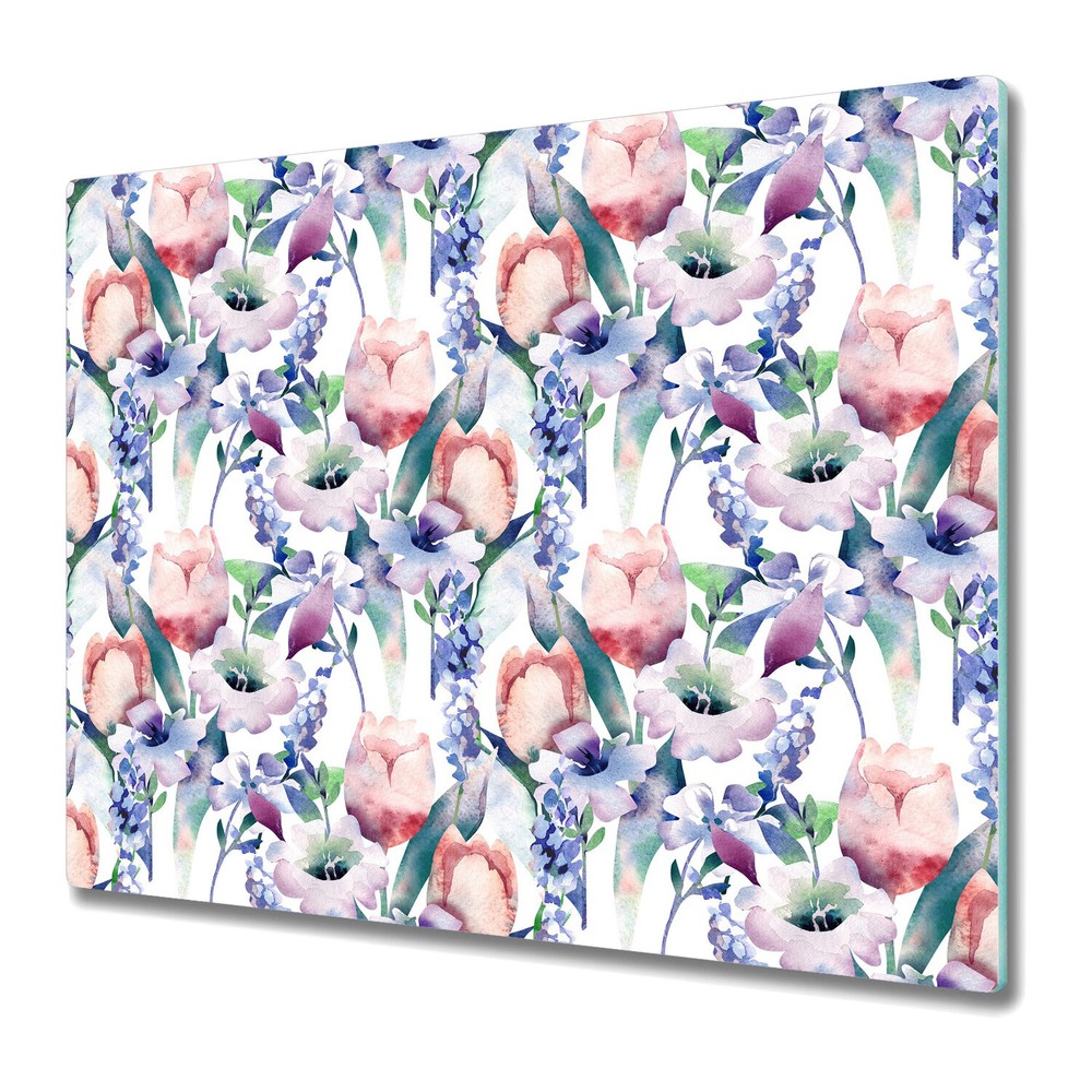Glass Worktop Kitchen Chopping Board Spring bouquet purple and green 60x52