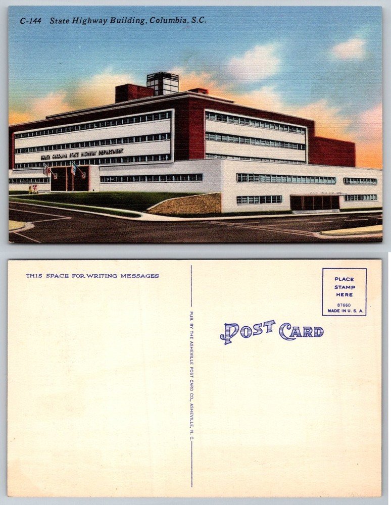 Columbia SC State Highway Building Linen Postcard Vintage 1940s 50s
