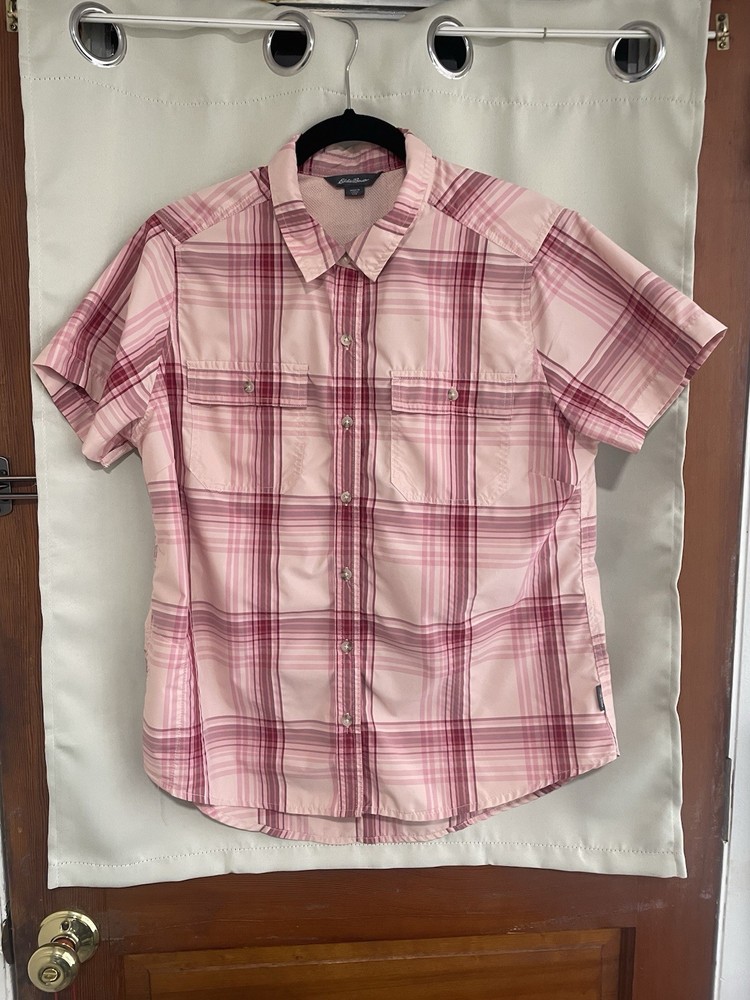 Eddie Bauer Shirt Women Size L Pink Plaid Short Sleeve Button Up Fishing Outdoor