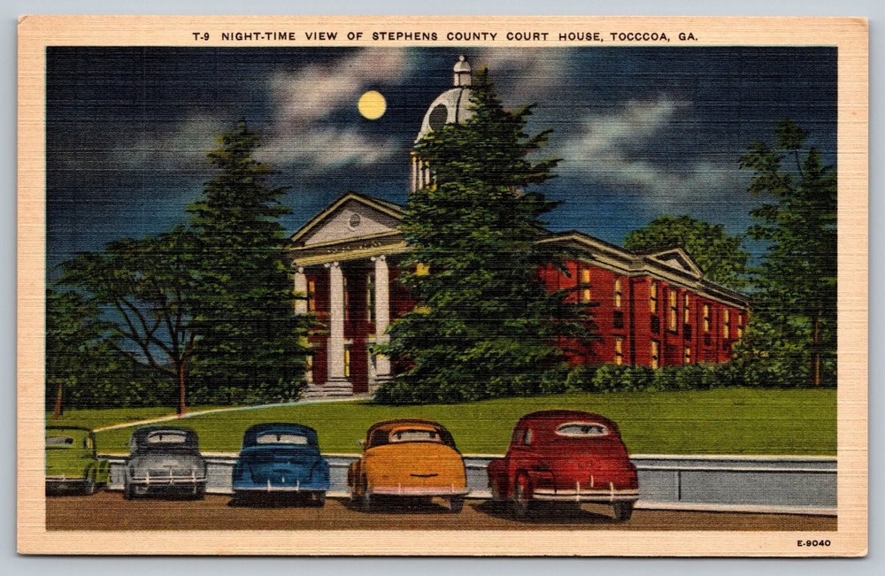 Night View Stephens County Court House Toccoa GA Linen Postcard
