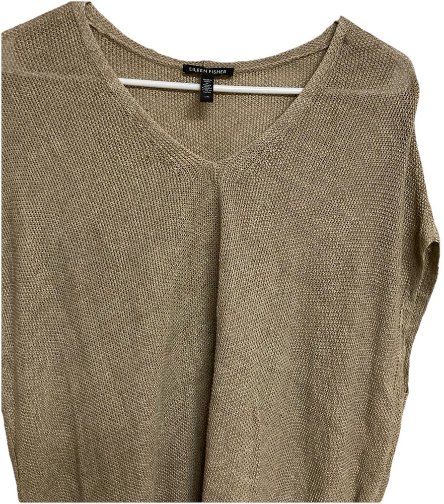 Women's Eileen Fisher Organic Linen Sleeveless Top V-neck Knit Beige Size Large