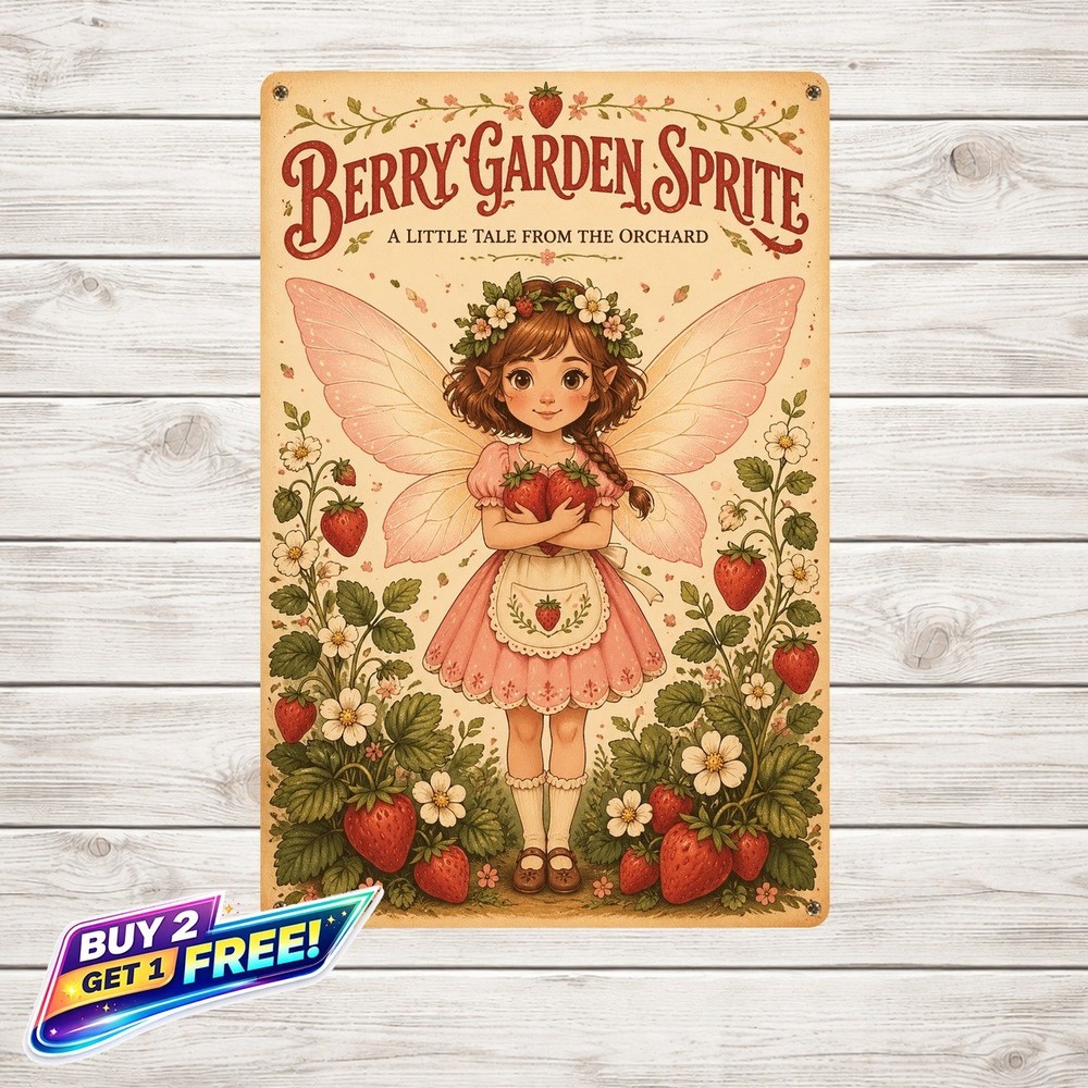 Retro Strawberry Fairy Cartoon Metal Sign Home Kids Decor