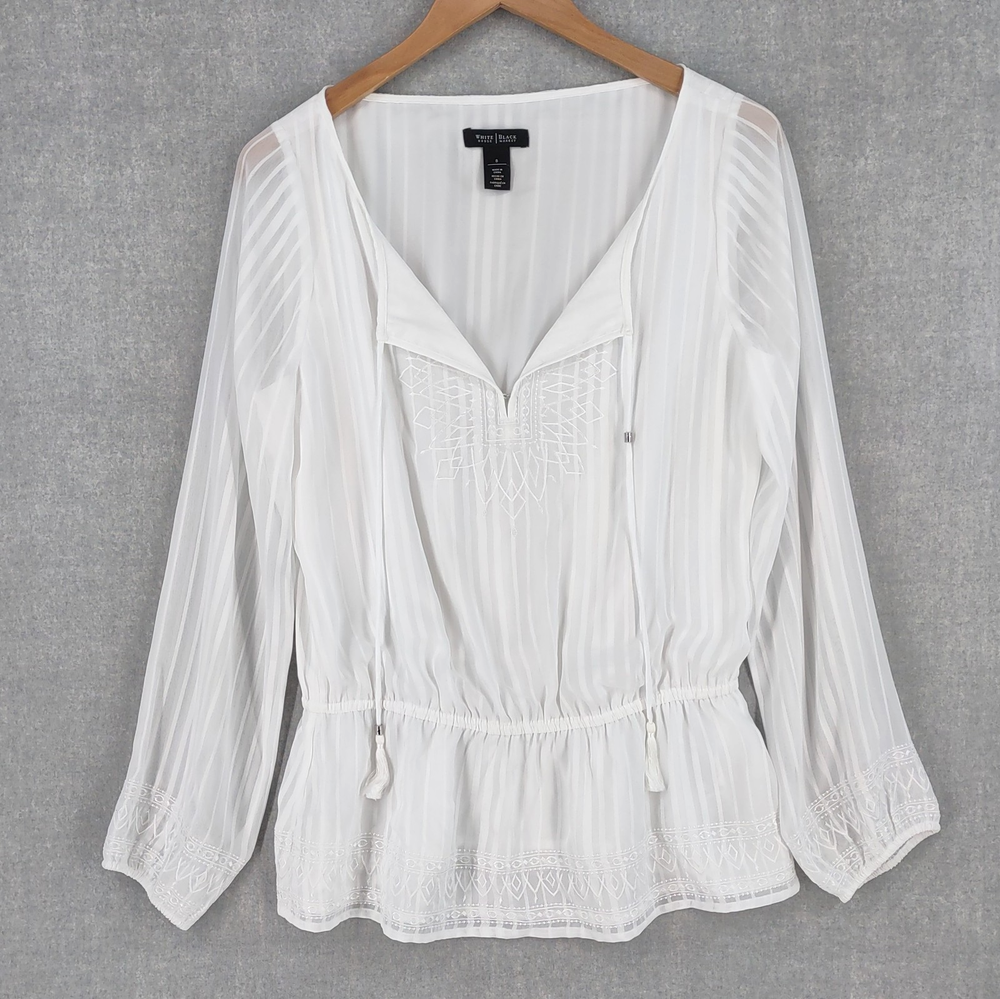 White House Black Market Blouse Womens 8 Sheer Boho Peasant Embroidered Top