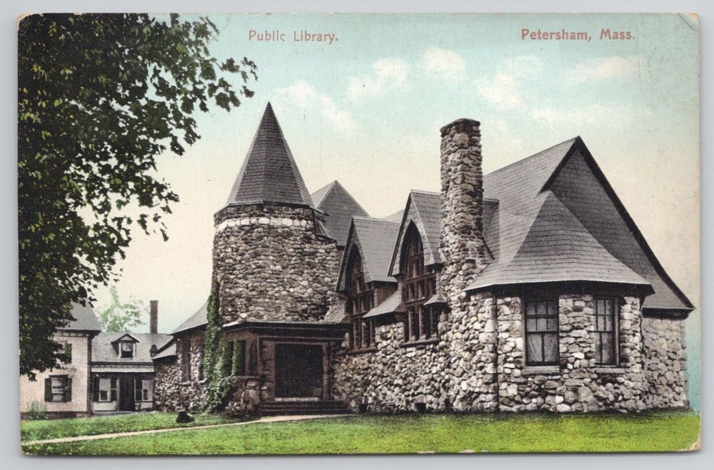 Petersham, MA Public Library Stone Castle Postcard 1910 Pokrome