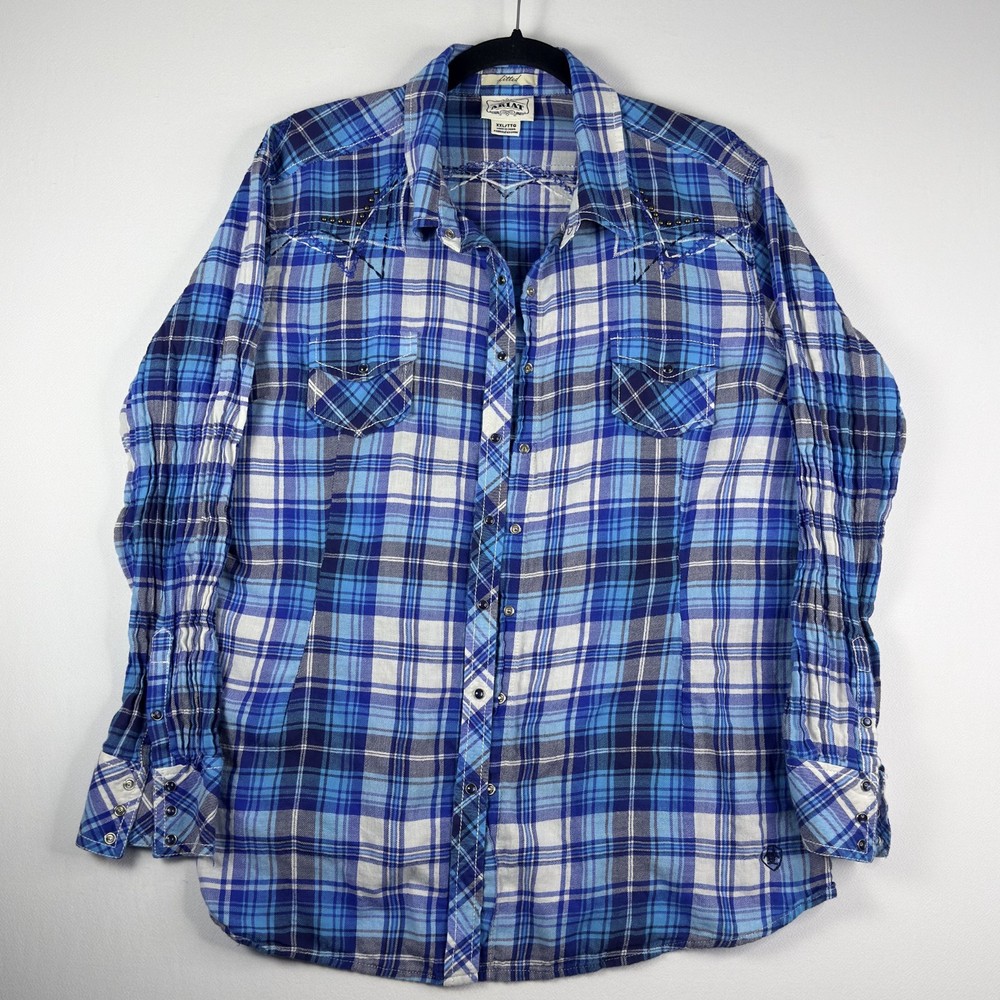Ariat Women’s XXL Blue Plaid Western Shirt Fitted Snap Button Stretch Cowgirl