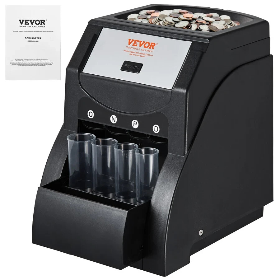 VEVOR USD Coin Sorter Coin Counter Wrapper and Roller 230 Coins/min 4 Coin Tubes