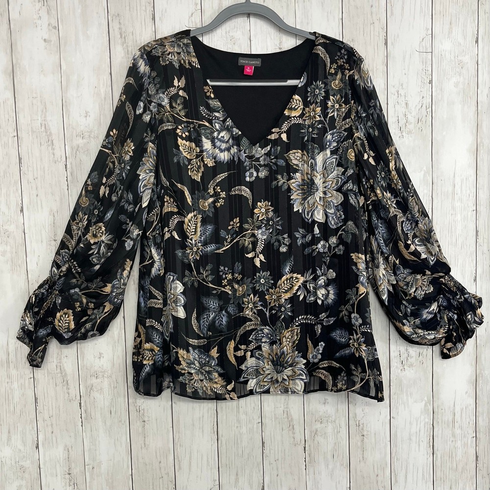 Vince Camuto Floral Long Sleeve Blouse XL Black Flowy V-Neck Peasant Boho Top