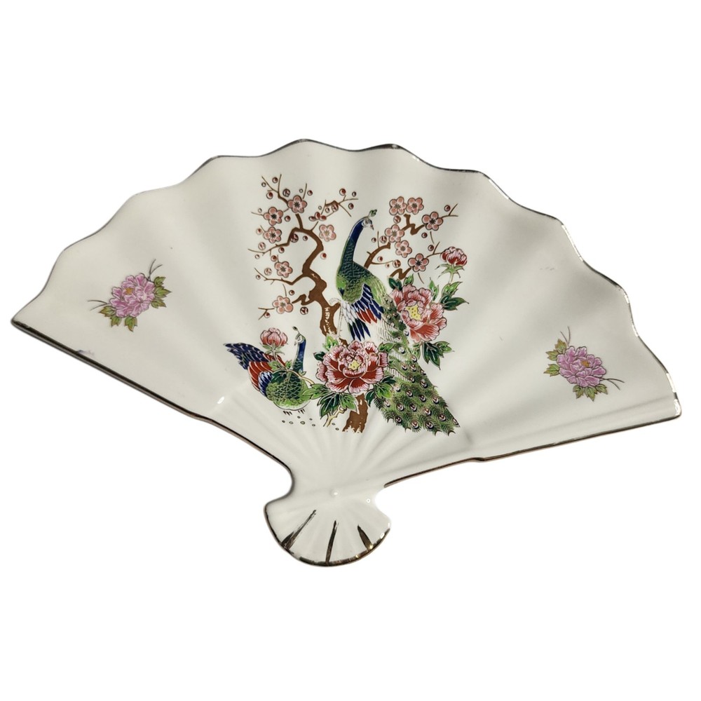 Vintage Japan Fan Shaped Trinket Dish Peacock Floral Gold Trim Pedestal