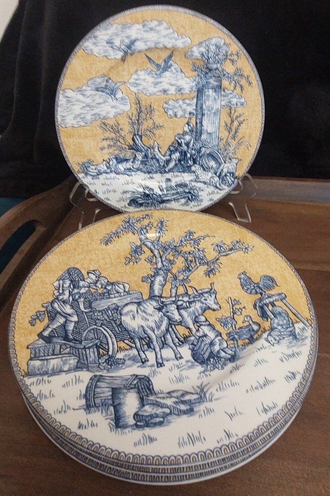 American Atelier At Home English Toile Blue Yellow Salad Plates 8.25 In Set Of 4