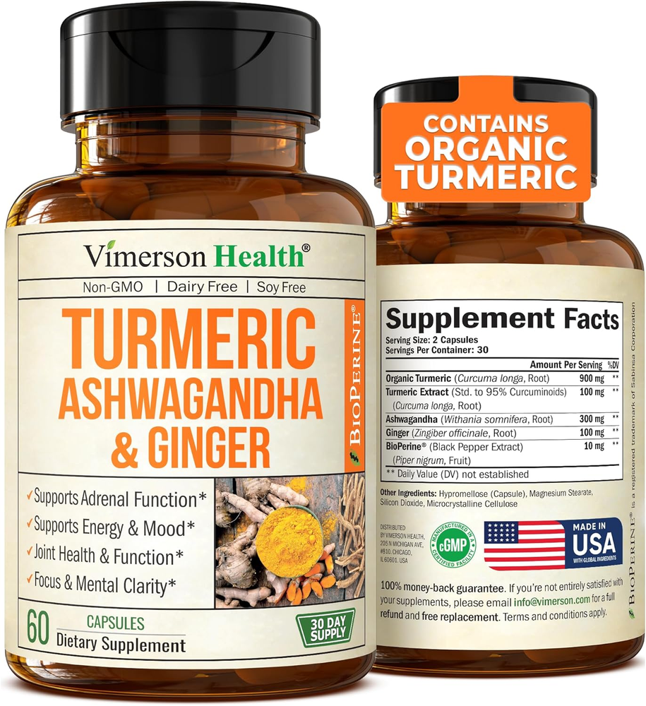 Turmeric Curcumin & Ashwagandha Supplements with Black Pepper. 95% Curcuminoids.