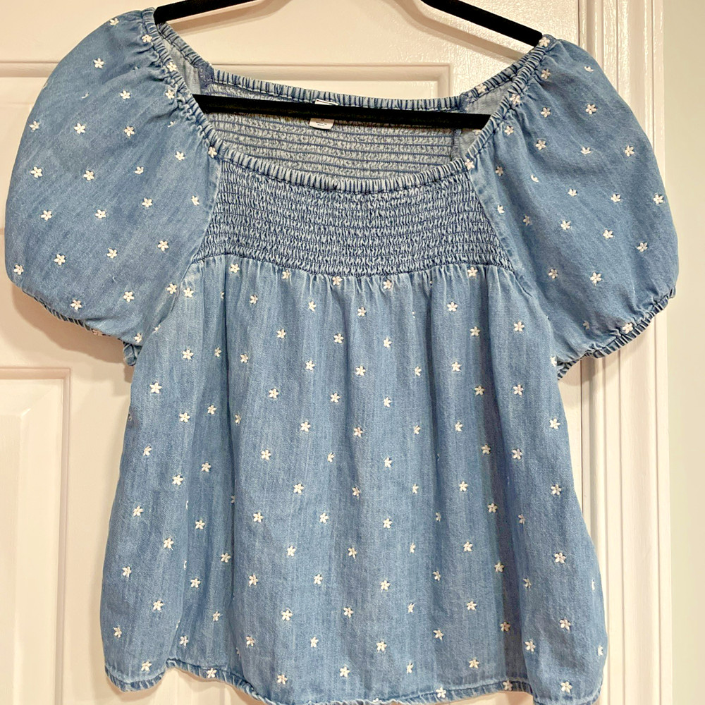 Old Navy Medium Smocked Chambray Top Blue Floral Puff Sleeve Boho Cottagecore