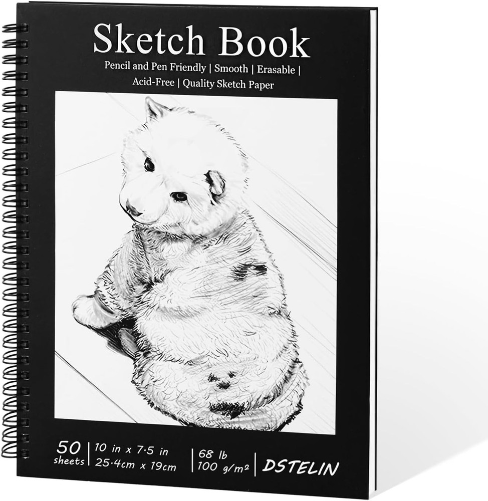 Black Spiral Bound Sketchbook, 10 x 7.5 Inch, Acid-Free Drawing Paper