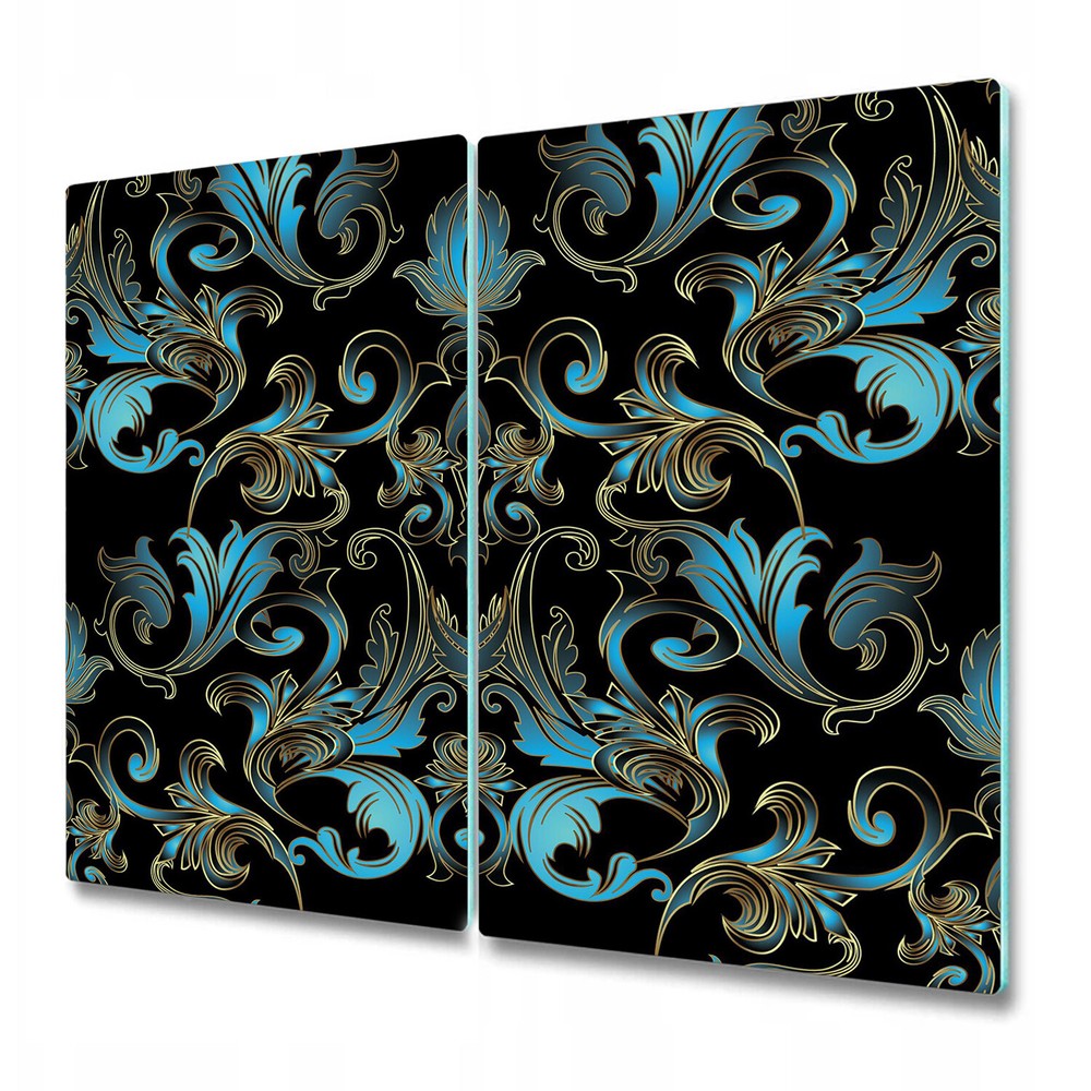 Glass Kitchen Chopping Board Baroque damask floral blue & golden & black photo