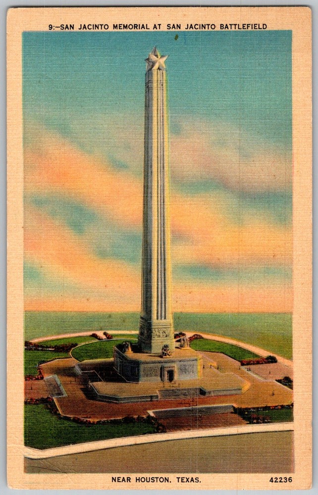 Vtg Linen Postcard San Jacinto Monument Houston, TX 1940s
