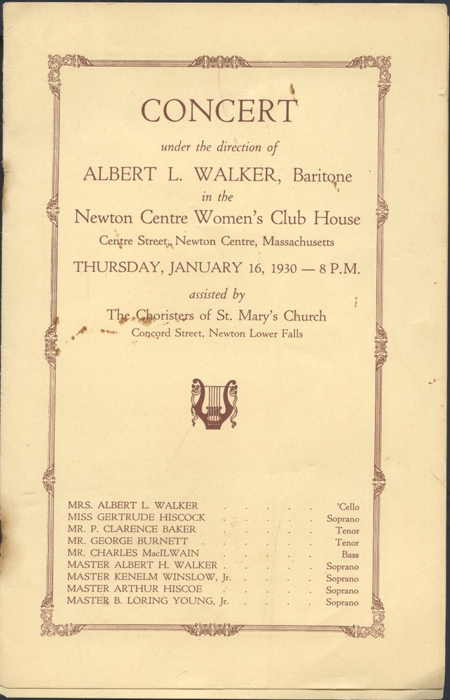 1930 Newton Centre MA Concert Program – Albert L Walker – St Mary’s Choristers –