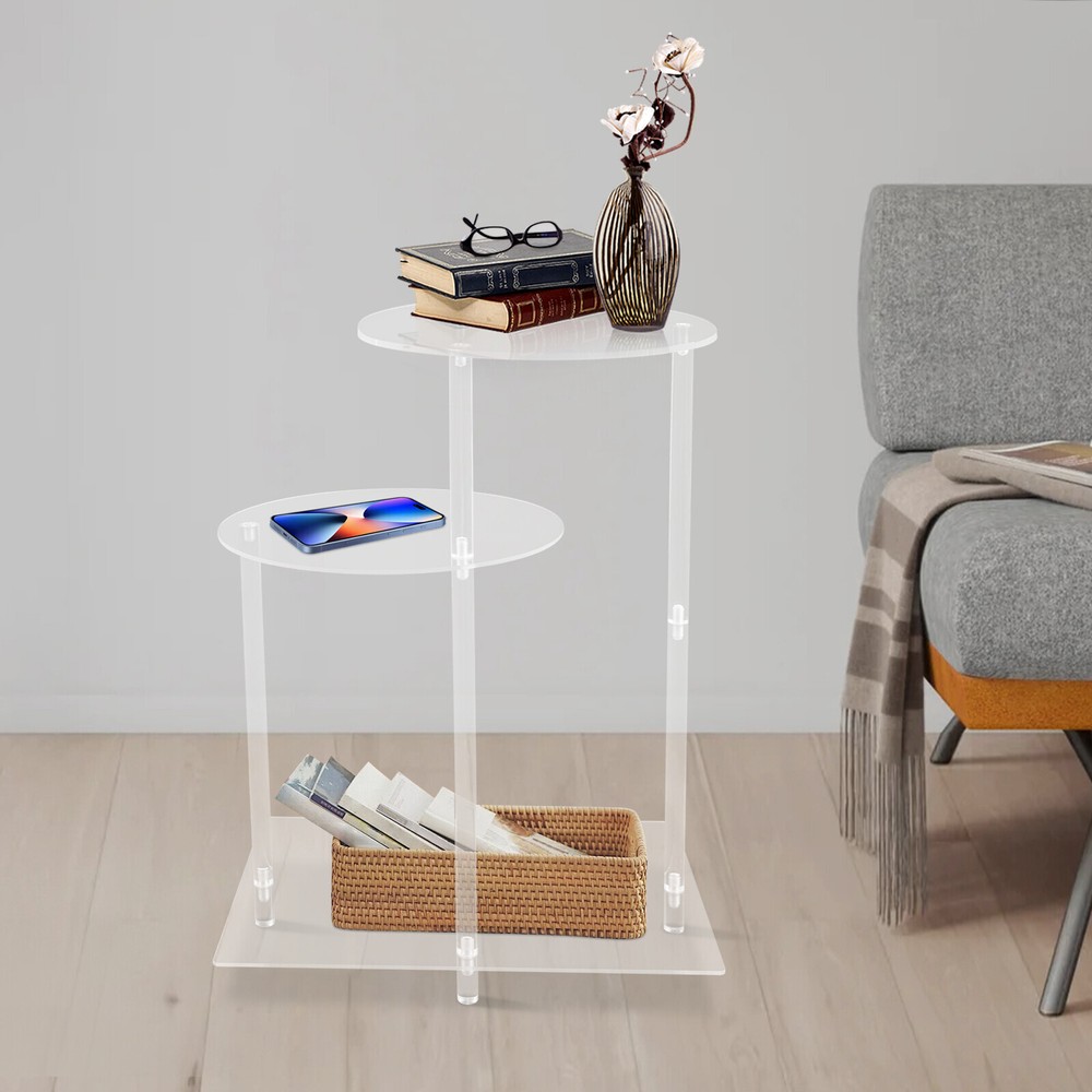 Compact Clear Side Table with Open Shelf for Bedroom or Living Room