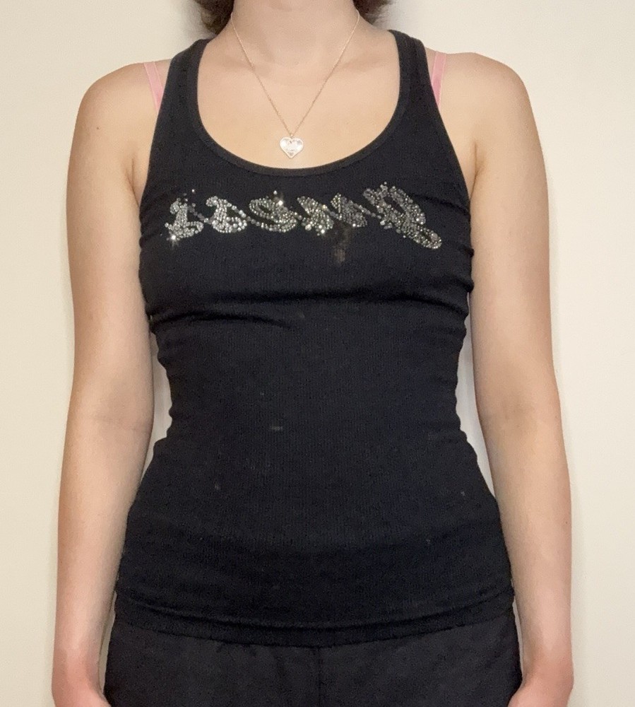 Vintage Guess black racerback tank top with shiny silver rhinestone logo size S