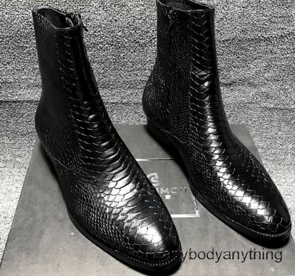 Men's Leather Chelsea Boots Pointy Toe Snakeskin Dress Shoes Casual Ankle Boots