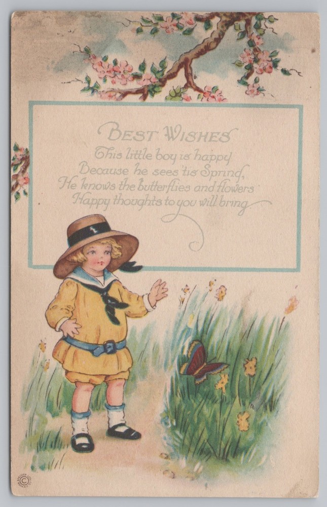 Stecher~Best Wishes~Little Girl In Yellow~Butterfly & Flowers~PM 1922 Postcard