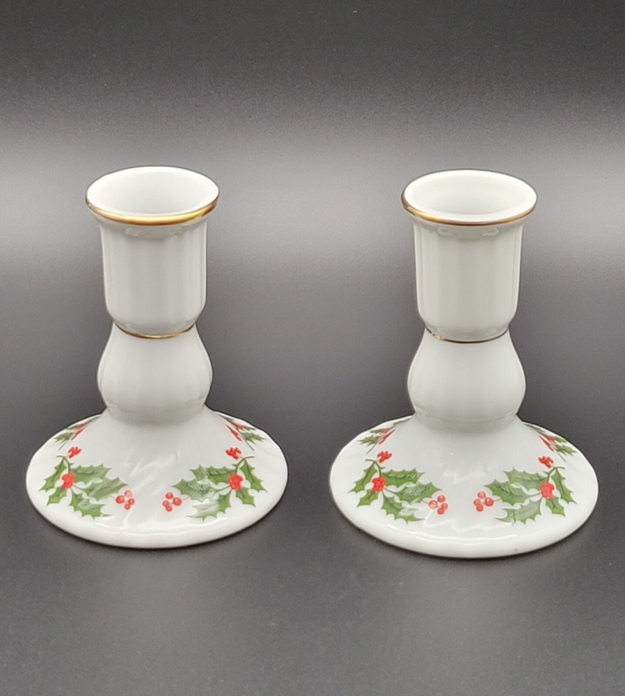 Elegant Gold-Accent Porcelain Holly Berry Tapered Candle Holders 4 Inch Christmas-image