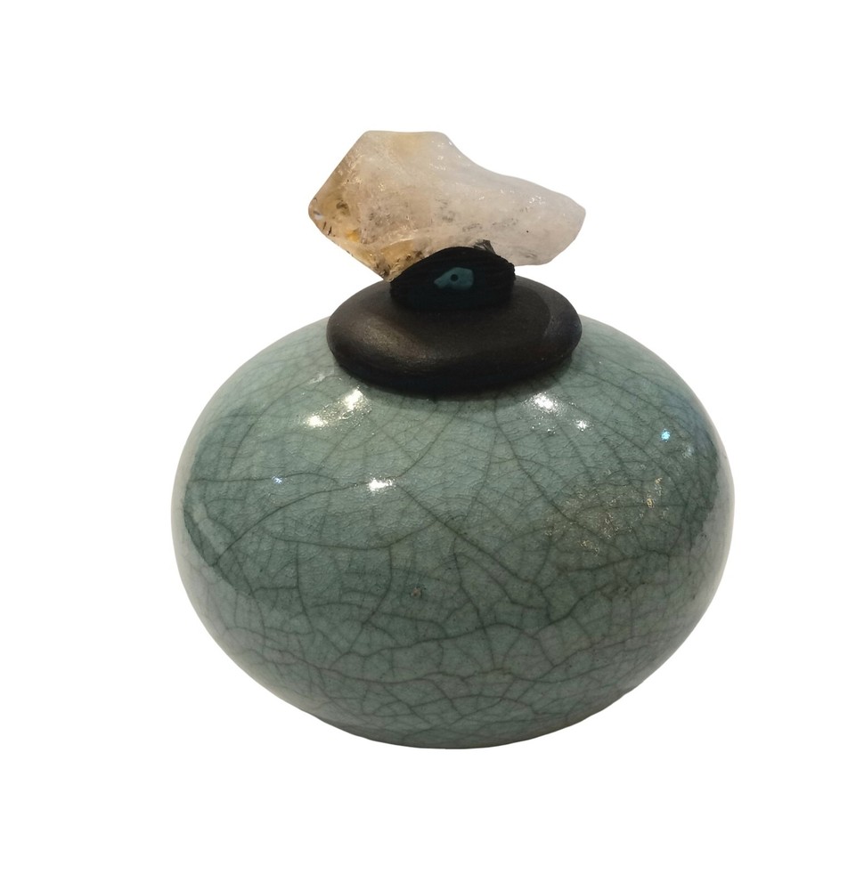 Mini Raku Pottery Turquoise  Crackle  Dream Jar 2.5