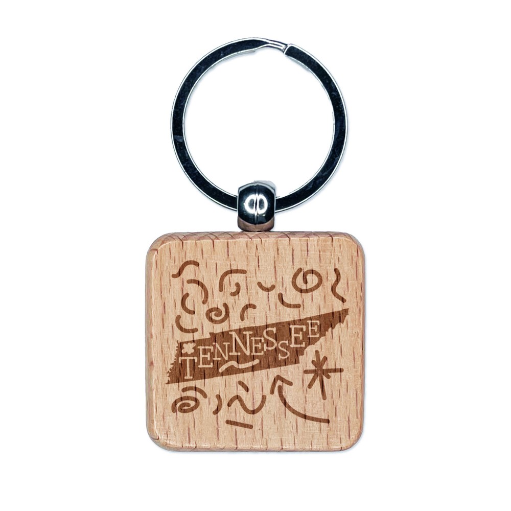 Tennessee State Engraved Wood Keychain with Swirl Text Design  