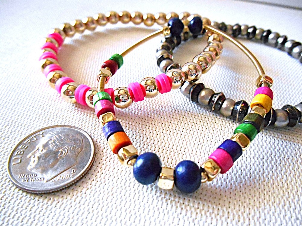 Lot of 3 Goldtone & Pink / Blue / Multi-color Beaded Stretch Bracelets