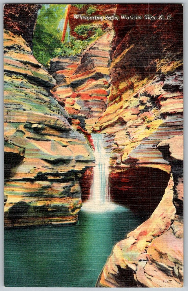 Vtg Linen Postcard Whispering Falls Waterfall Watkins Glen, NY 1940s