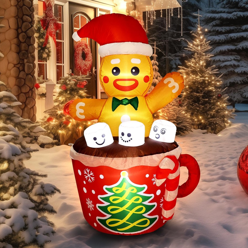 5 Ft Christmas Inflatable Gingerbread Man in Cocoa Outdoor Decorations, Xmas ...