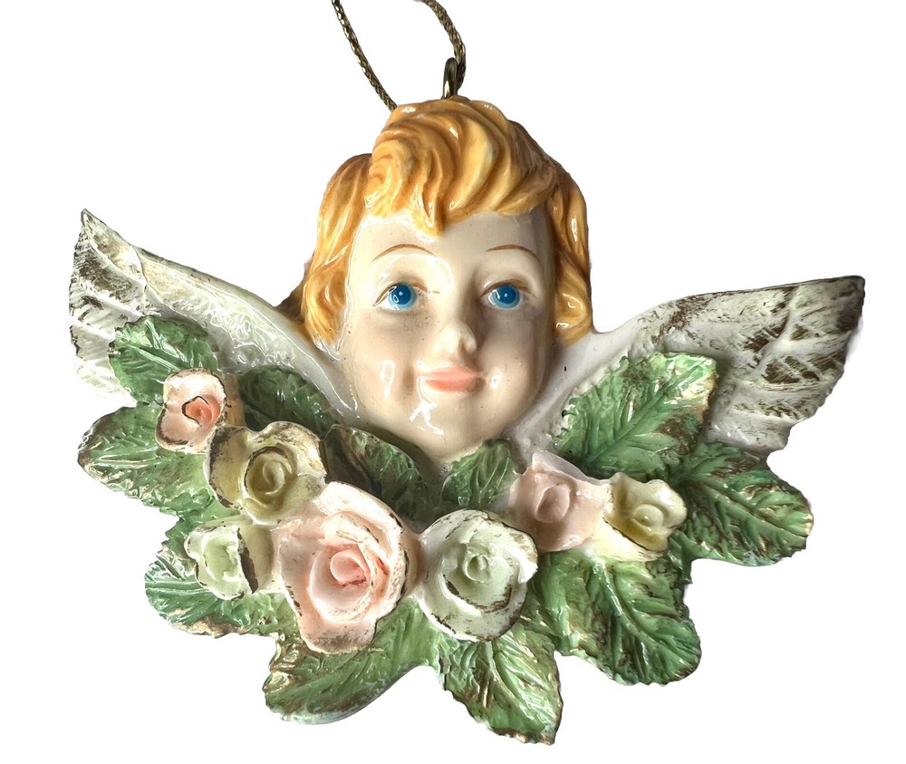 Victorian Roses Floral Angel Ornament Pink Green 3.5”x2.5” Vintage Resin