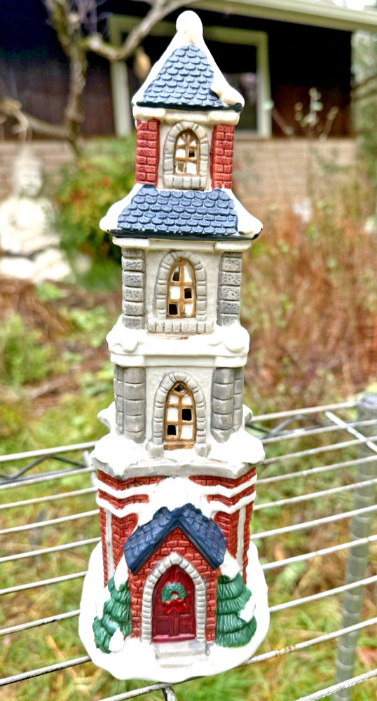 Vintage 1997 Mervys Village Square Clock Bell Tower Building Christmas Lighted