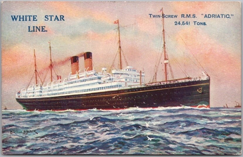 1910s WHITE STAR LINE Steamship Postcard R.M.S. ADRIATIC / Artist MONTAGUE BLACK