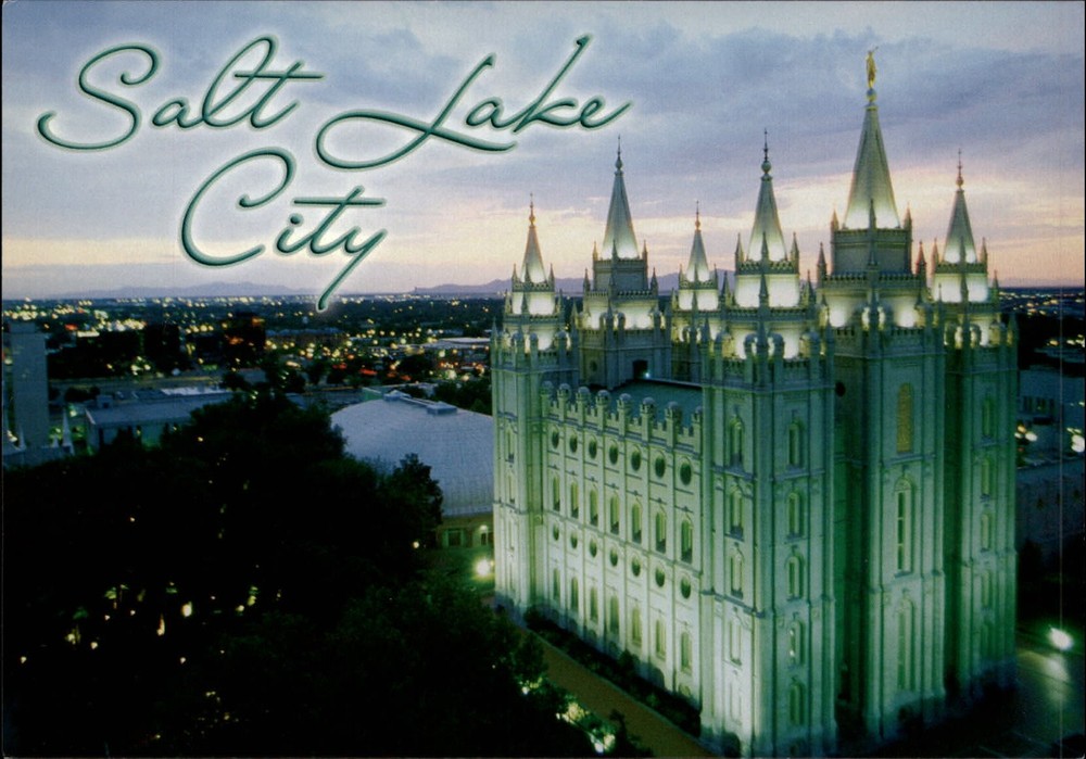 Utah Salt Lake City Mormon Temple aerial view at dusk ~ unused postcard sku763