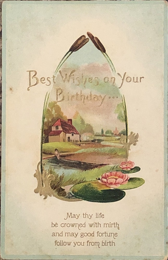 Best Wishes On Your Birthday Postcard Country Fishing Water Scene Antique 1900s