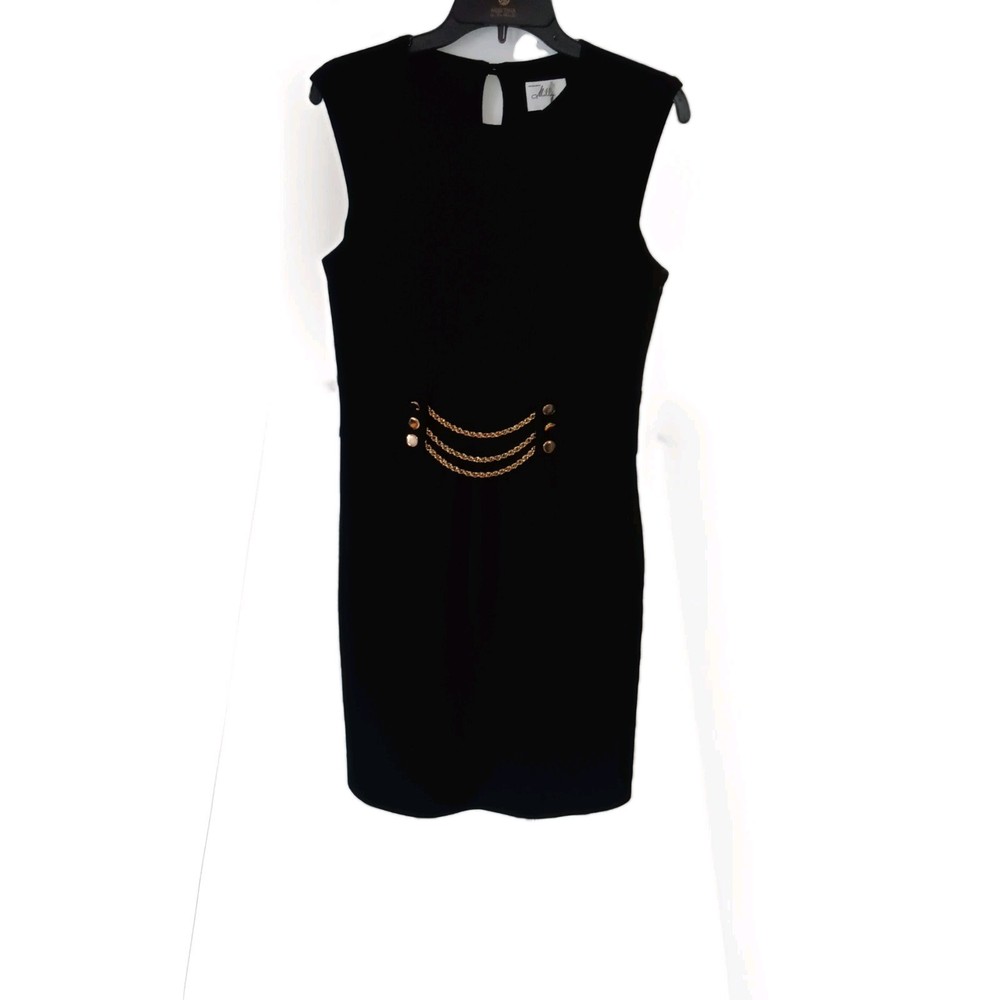 Milly of New York Womens Sleeveless Black Knit Dress  Belted Gold Button Chains