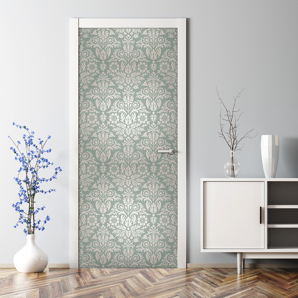 Floral Damask Bubble-Free Green Grey Door Sticker Decal Mural