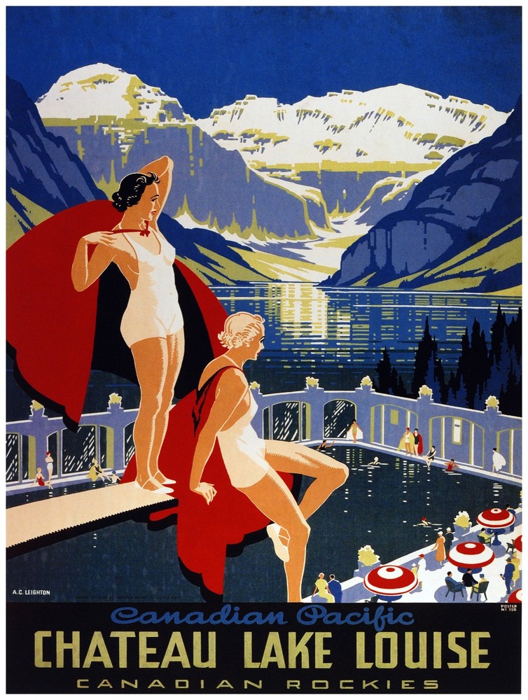 7916.Canada pacific.chateau lake louise.women poolside.POSTER.art wall decor