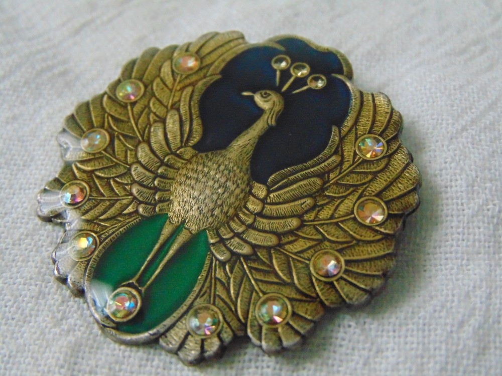 vtg Catherine Popesco France signed black green ab crystals peacock brooch