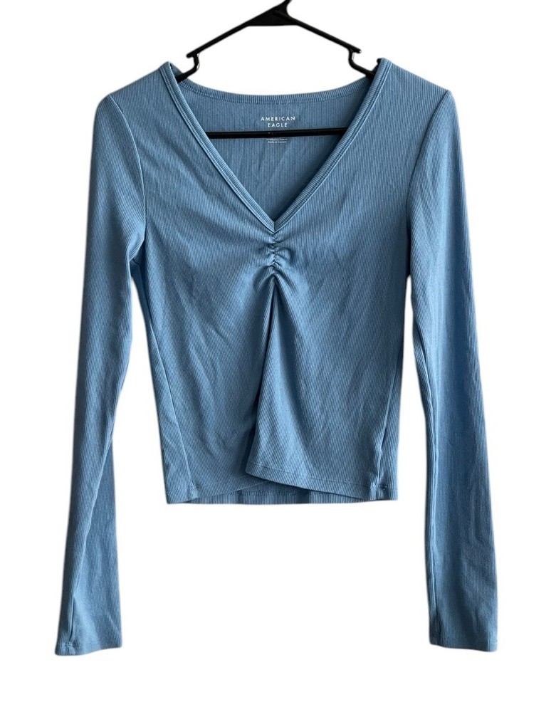 American Eagle  Womens Y2K Blue Long Sleeve Fitted Cropped Ruched Top Medium