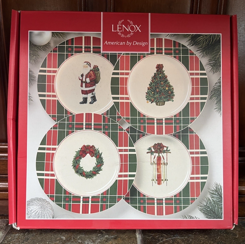 Set of 4 Lenox Vintage Christmas Plaid Accent Plates 8.25