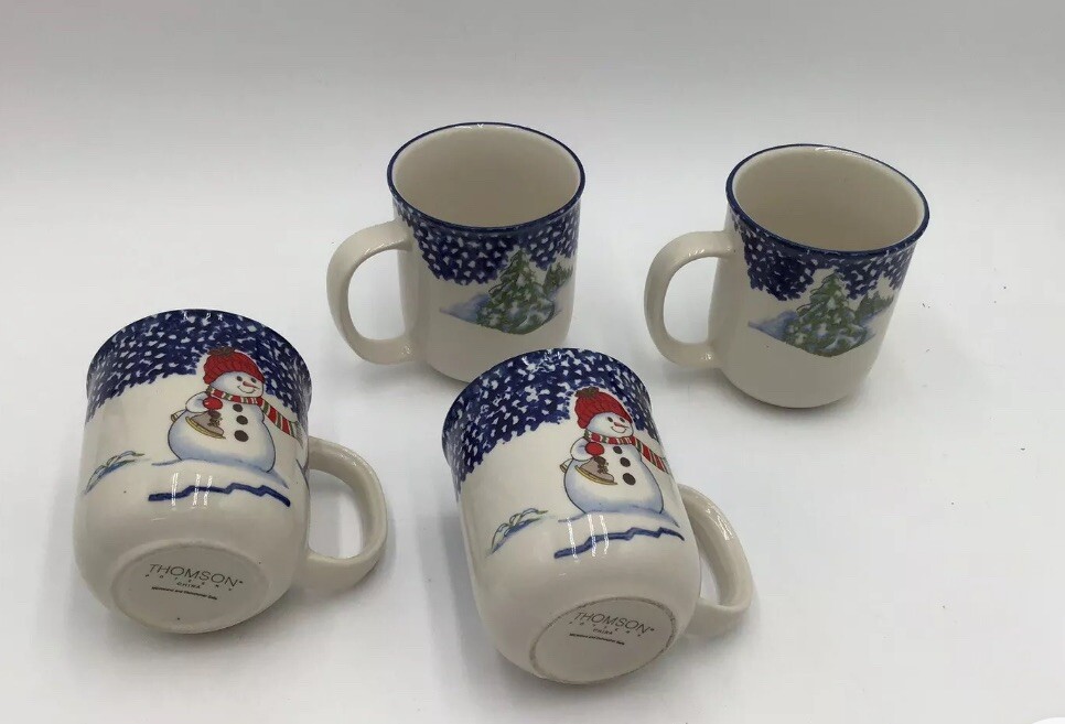 Thomson Pottery Lot of 4 Snowman Mugs Blue Christmas Pine Tree Snowman Winter
