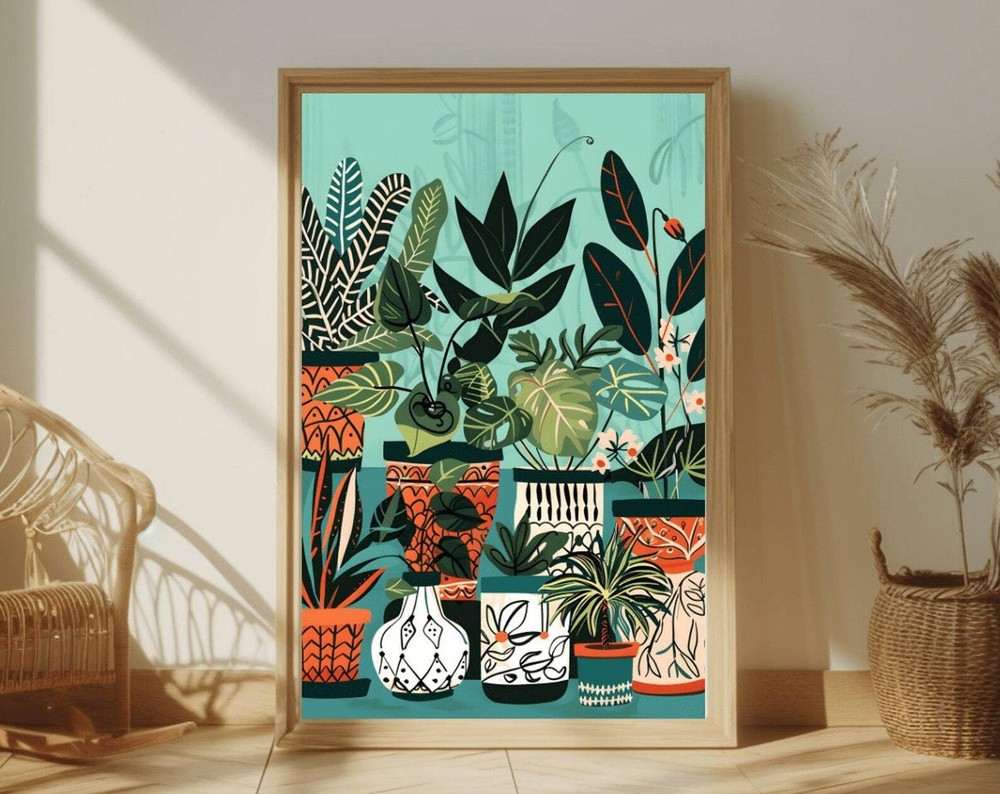 Teal Turquoise Botanical Plant Pots Print Boho Wall Art Emerald Color Floral